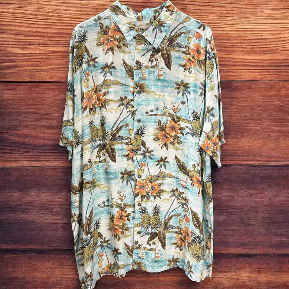 Campia Moda Hawaiian Shirt Mens XXL Blue Floral Vtg Sailboat Nautical Hibiscus
